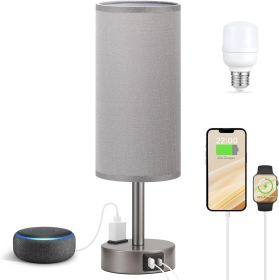 Grey Bedside Table Lamp for Bedroom - 3 Way Dimmable Touch Lamp USB C Charging Ports and AC Outlet, Small Lamp for Living Room, Desk