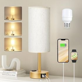 Gold Nightstand Bedroom Lamp - 3 Way Dimmable Bedside Lamp USB C A Charging Ports and AC Outlet, Small Table Lamp Linen Lampshade for Office Desk