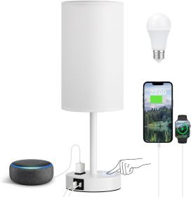 White Nightstand Bedroom Lamp - 3 Way Dimmable Bedside Lamp USB C A Charging Ports and AC Outlet, Small Table Lamp Linen Lampshade for Office Des