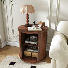 Mid Century Modern Cylinder End Table with Built-in Charging Station & Sliding Door, 2-Tier Storage Round Nightstand with USB Ports